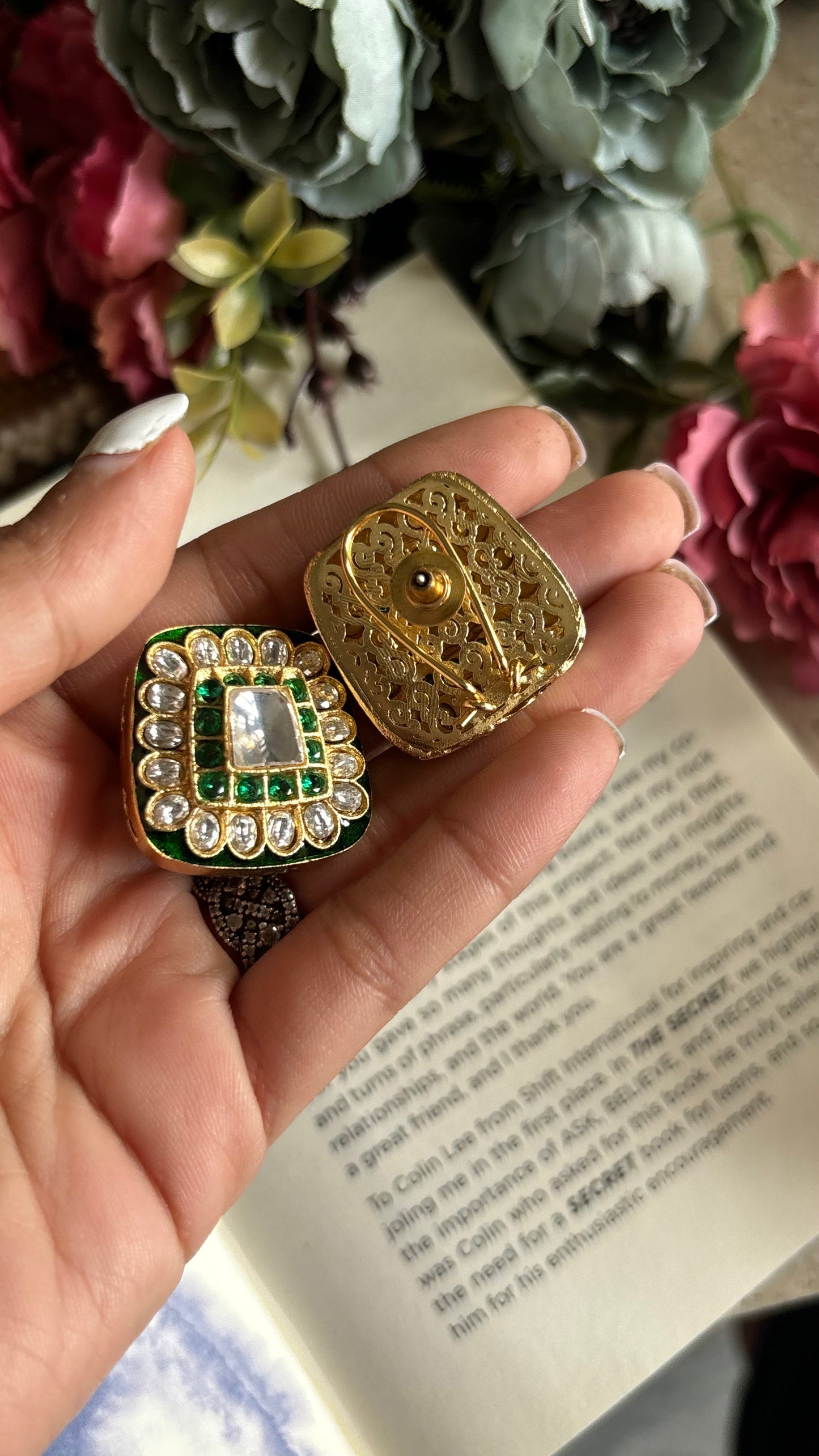Emerald meenakari polki studs