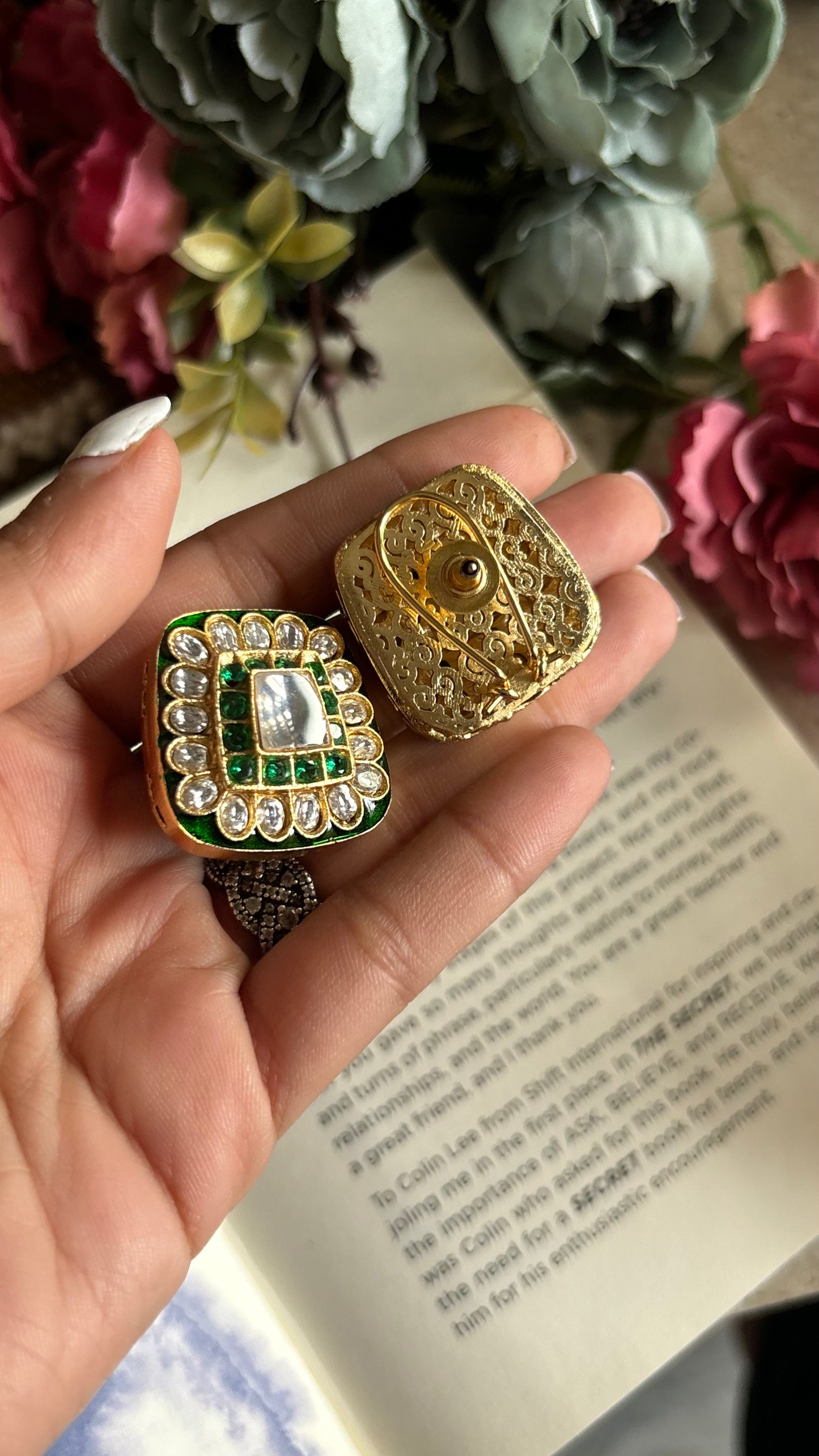 Emerald meenakari polki studs