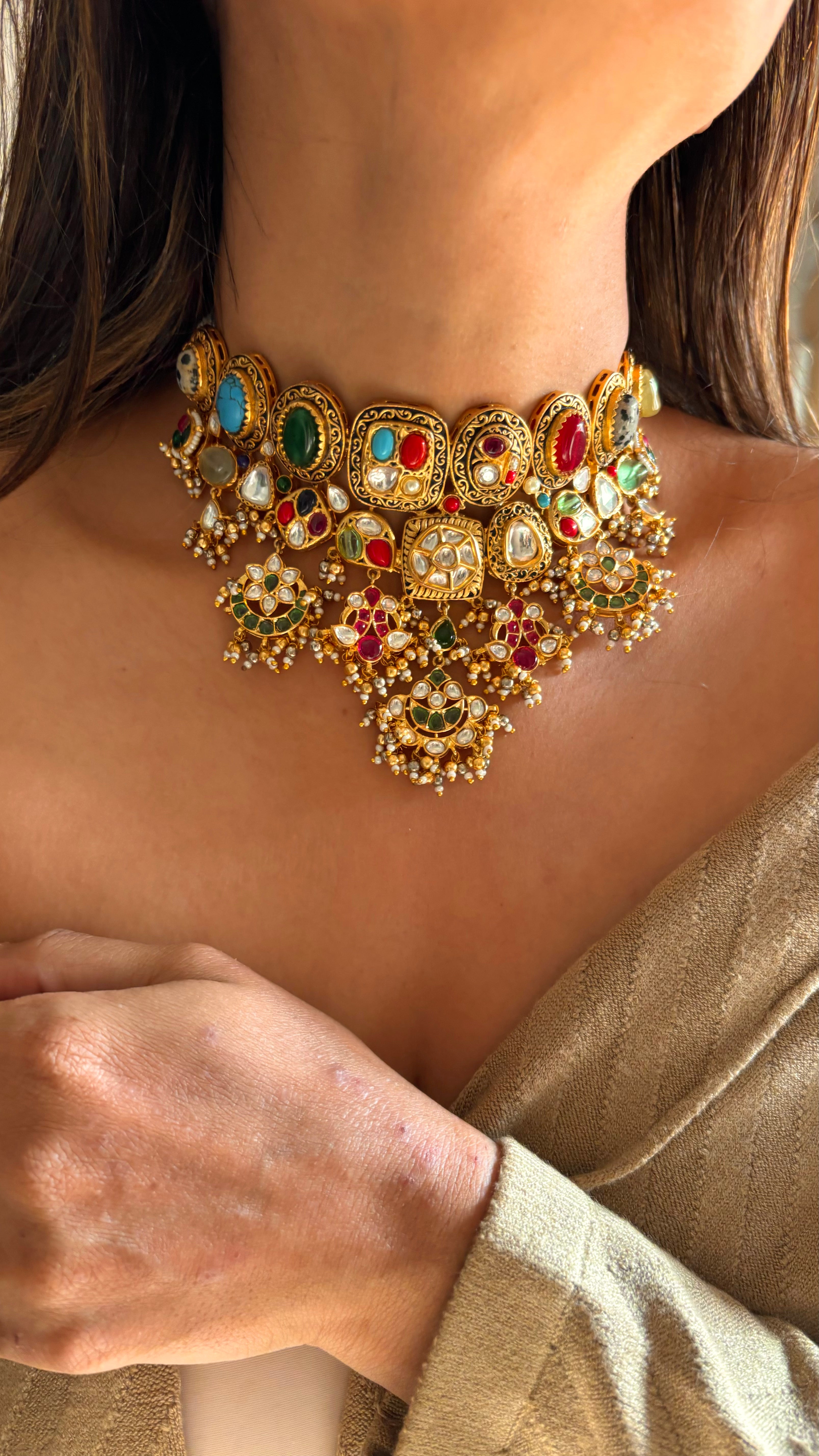 Sabhyasachi inspired Navratna pachi kundan choker set