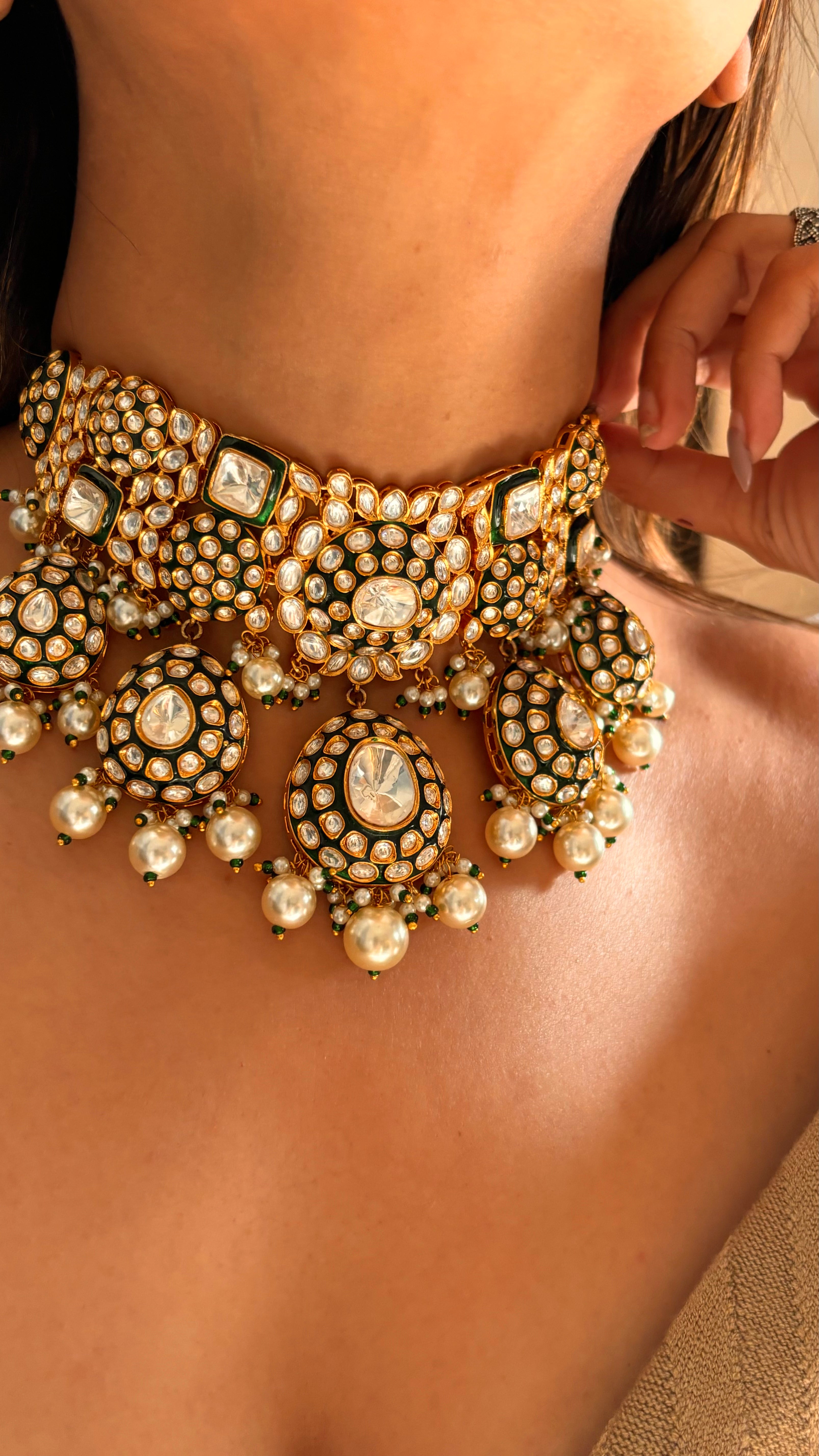 Meenakari polki pearl choker set