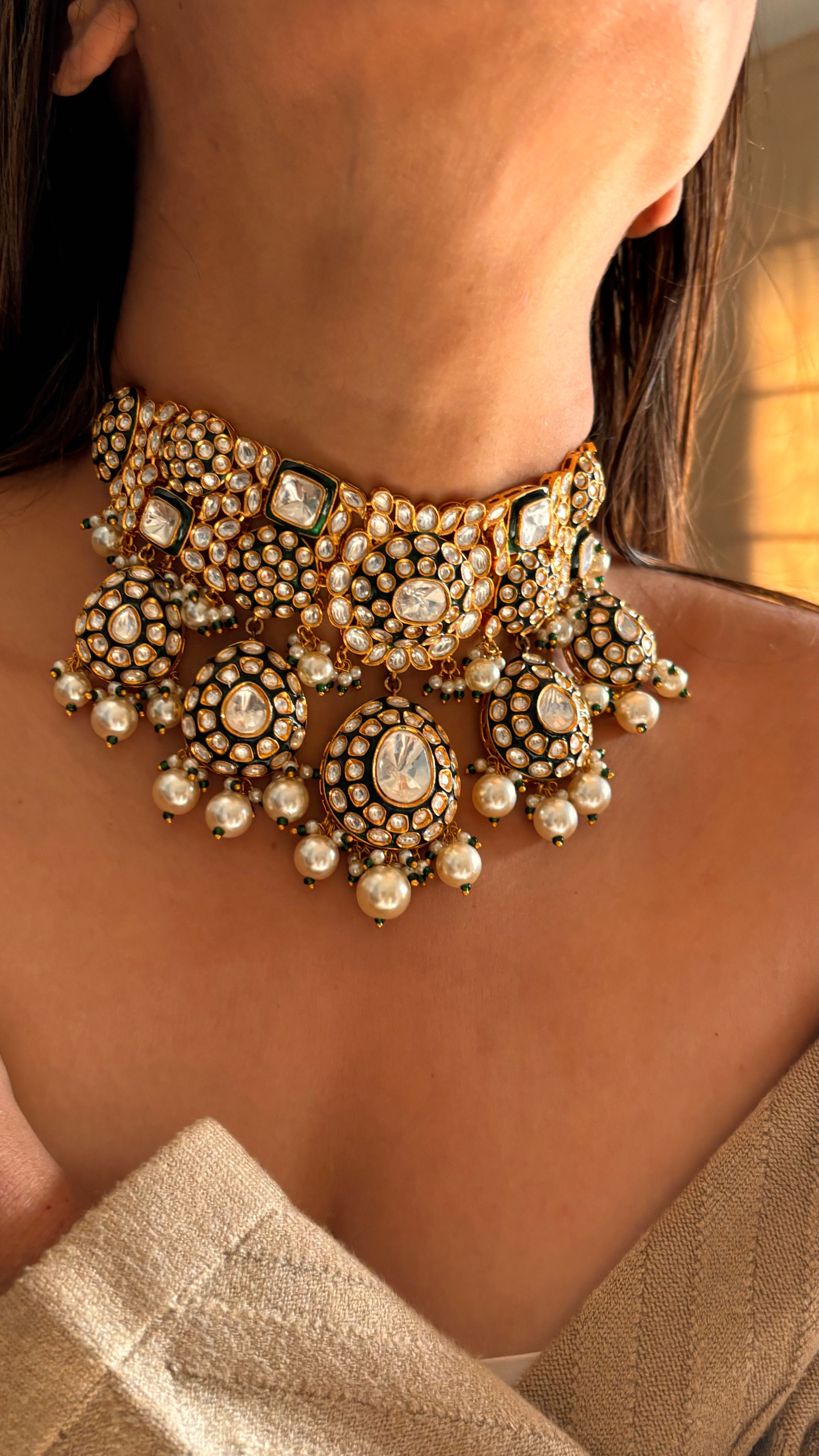 Meenakari polki pearl choker set