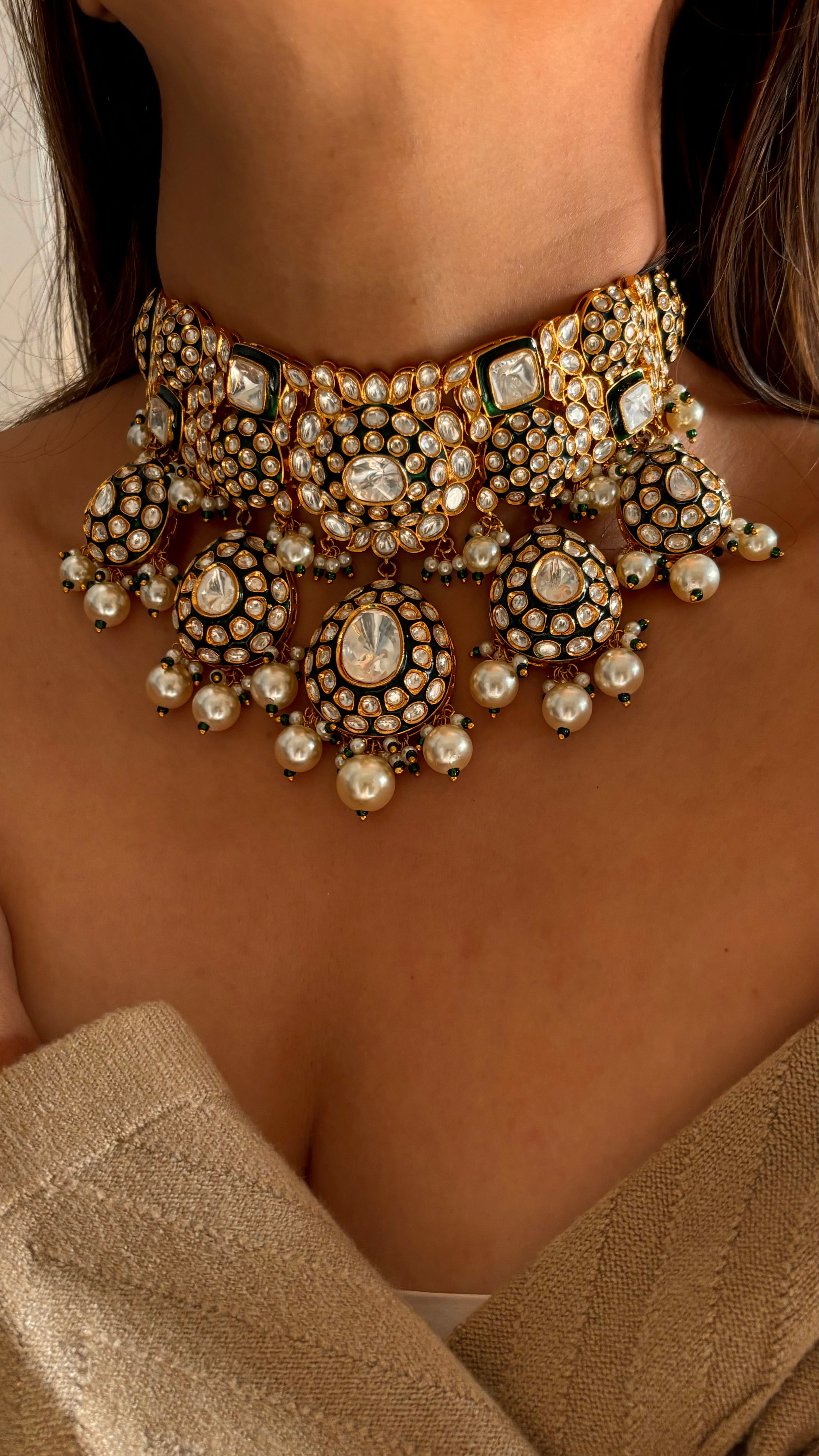 Meenakari polki pearl choker set