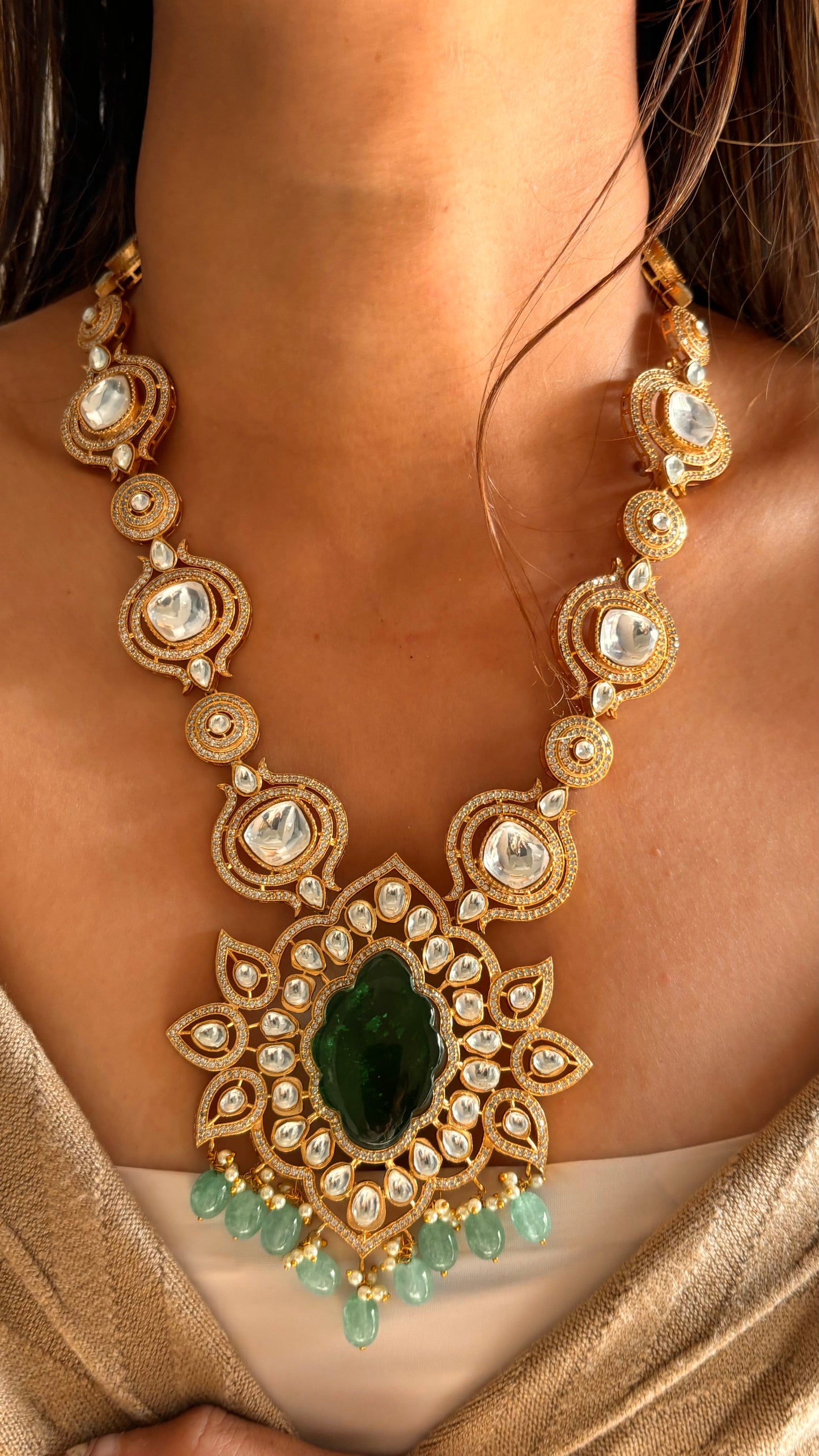 Emerald Moissanite mid length designer necklace set
