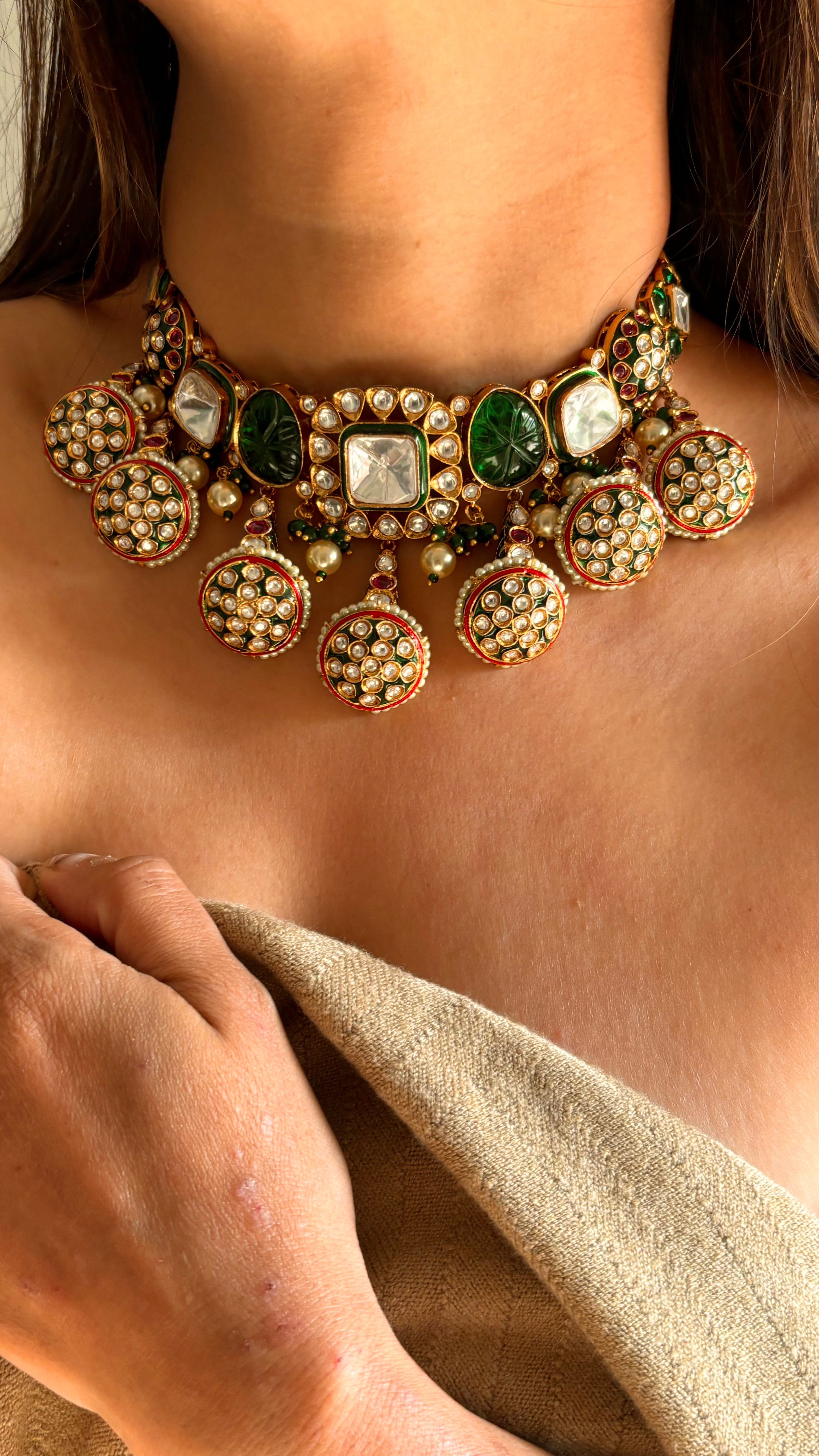 Emerald borla meenakari choker necklace set