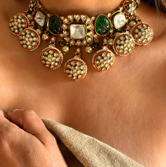 Emerald borla meenakari choker necklace set