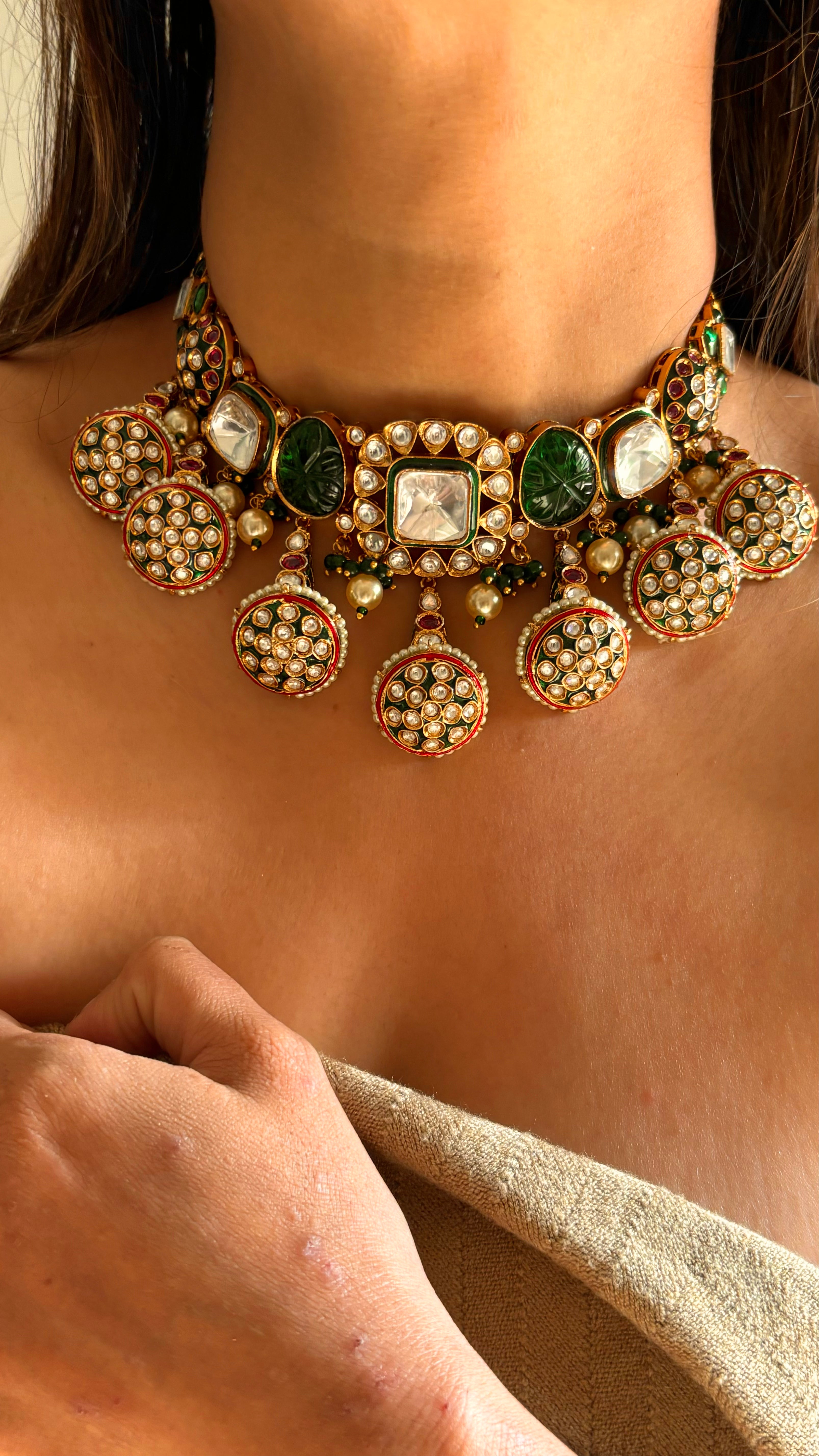 Emerald borla meenakari choker necklace set