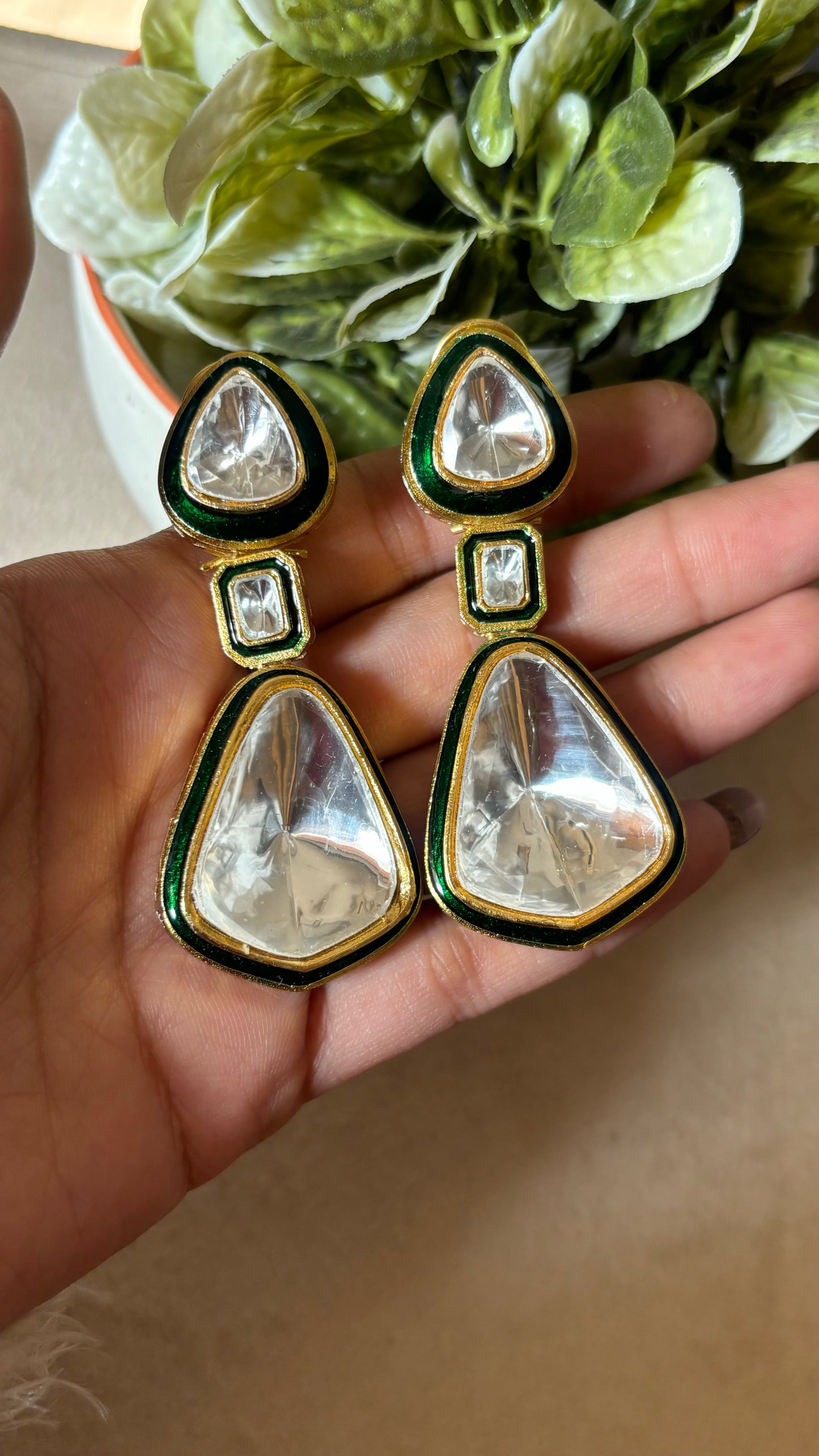 Emerald uncut polki danglers