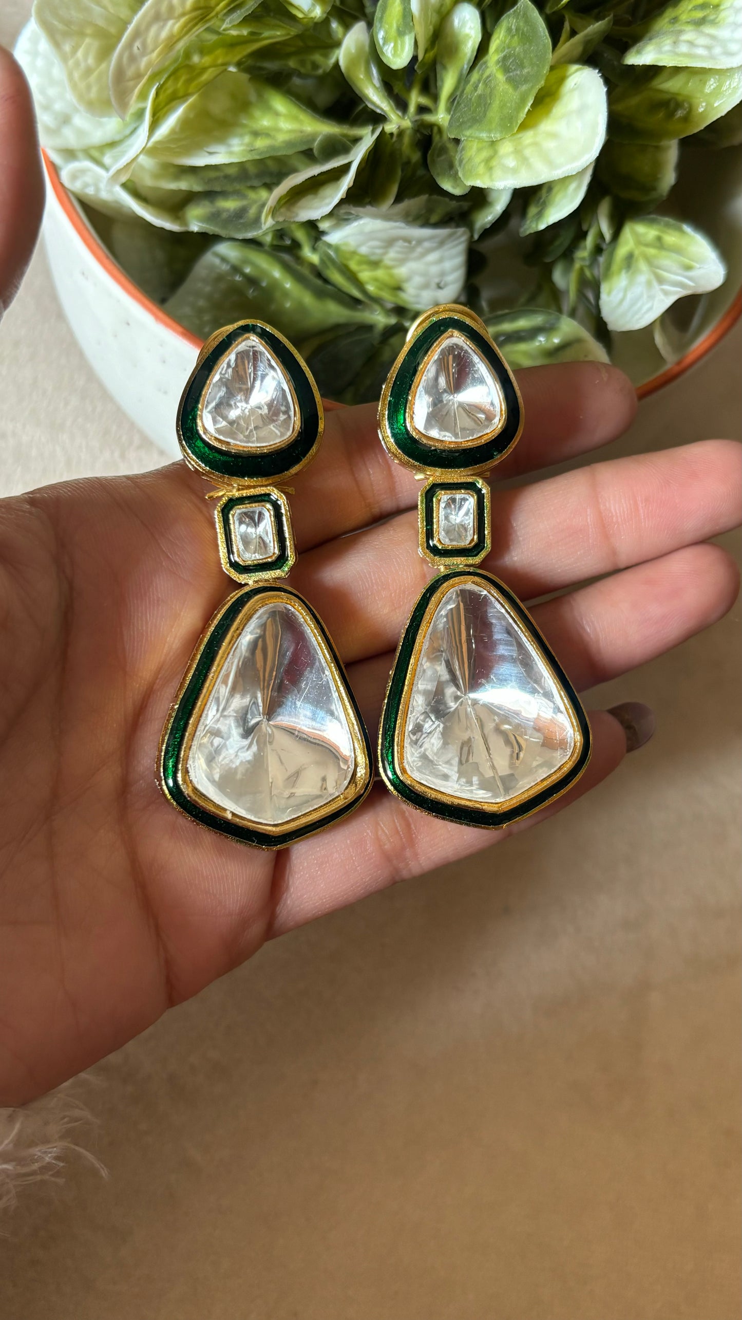 Emerald uncut polki danglers