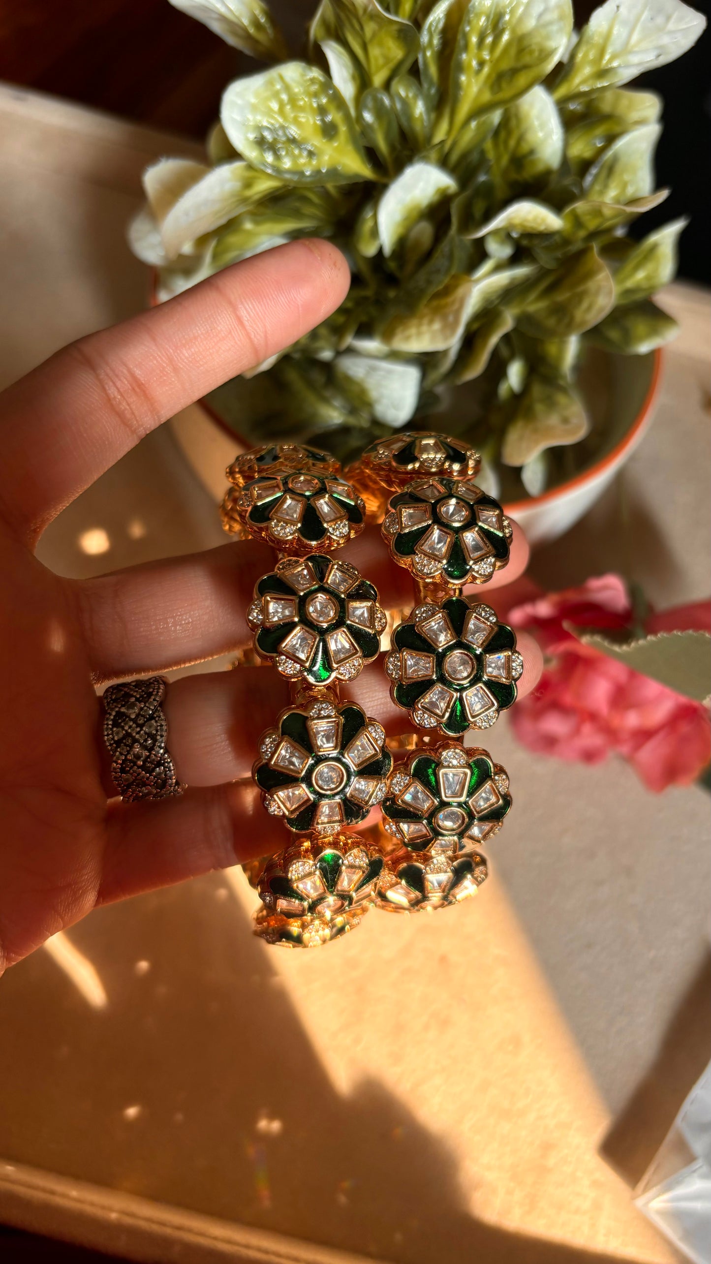 Emerald meenakari moissanite polki bangles