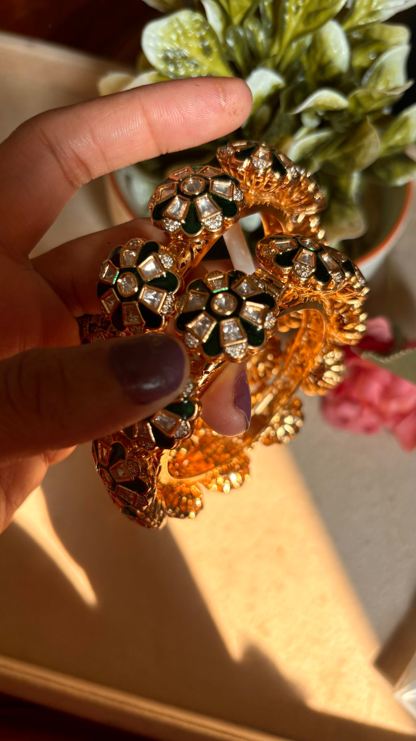 Emerald meenakari moissanite polki bangles
