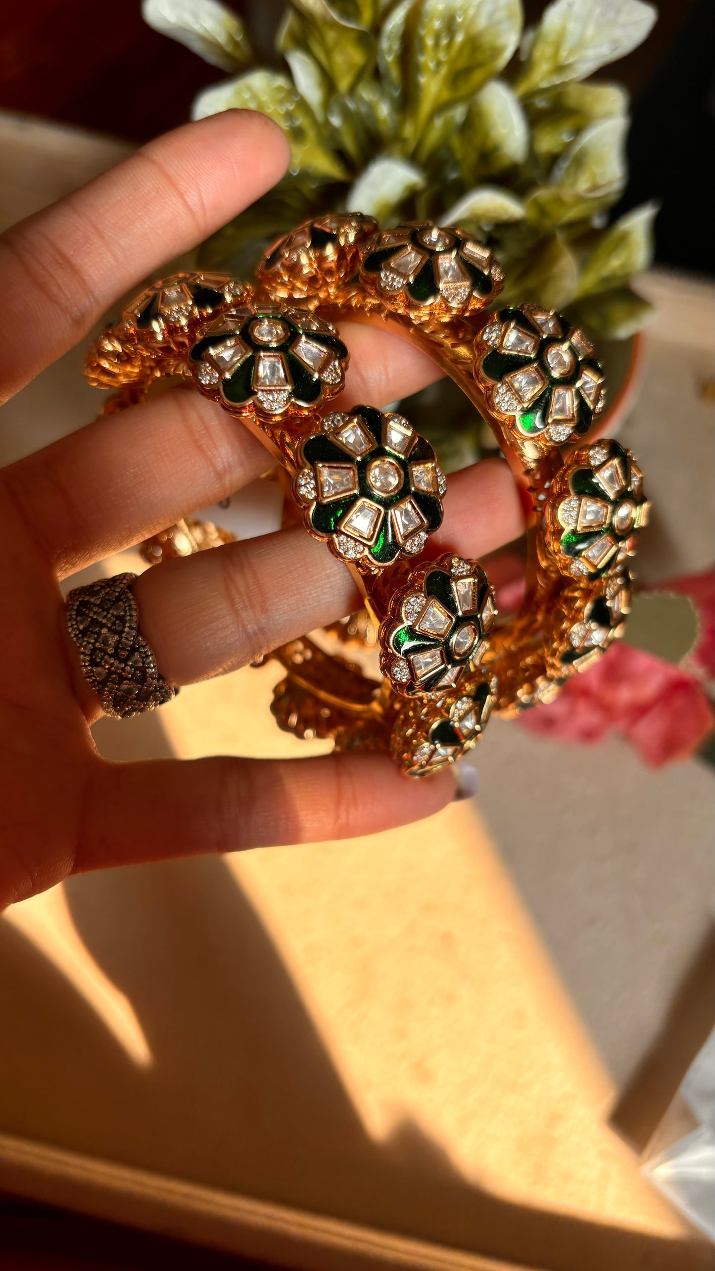 Emerald meenakari moissanite polki bangles