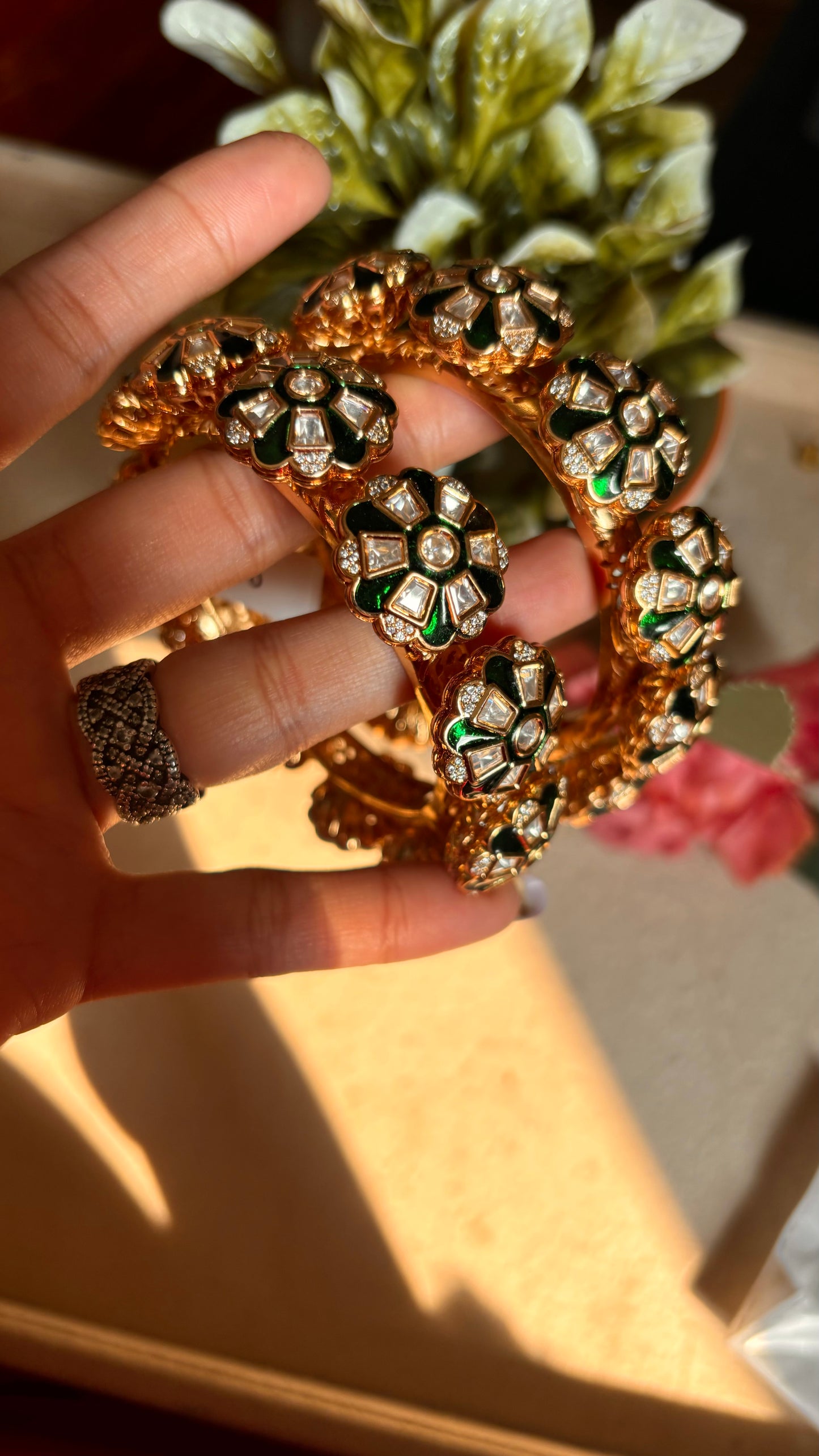 Emerald meenakari moissanite polki bangles