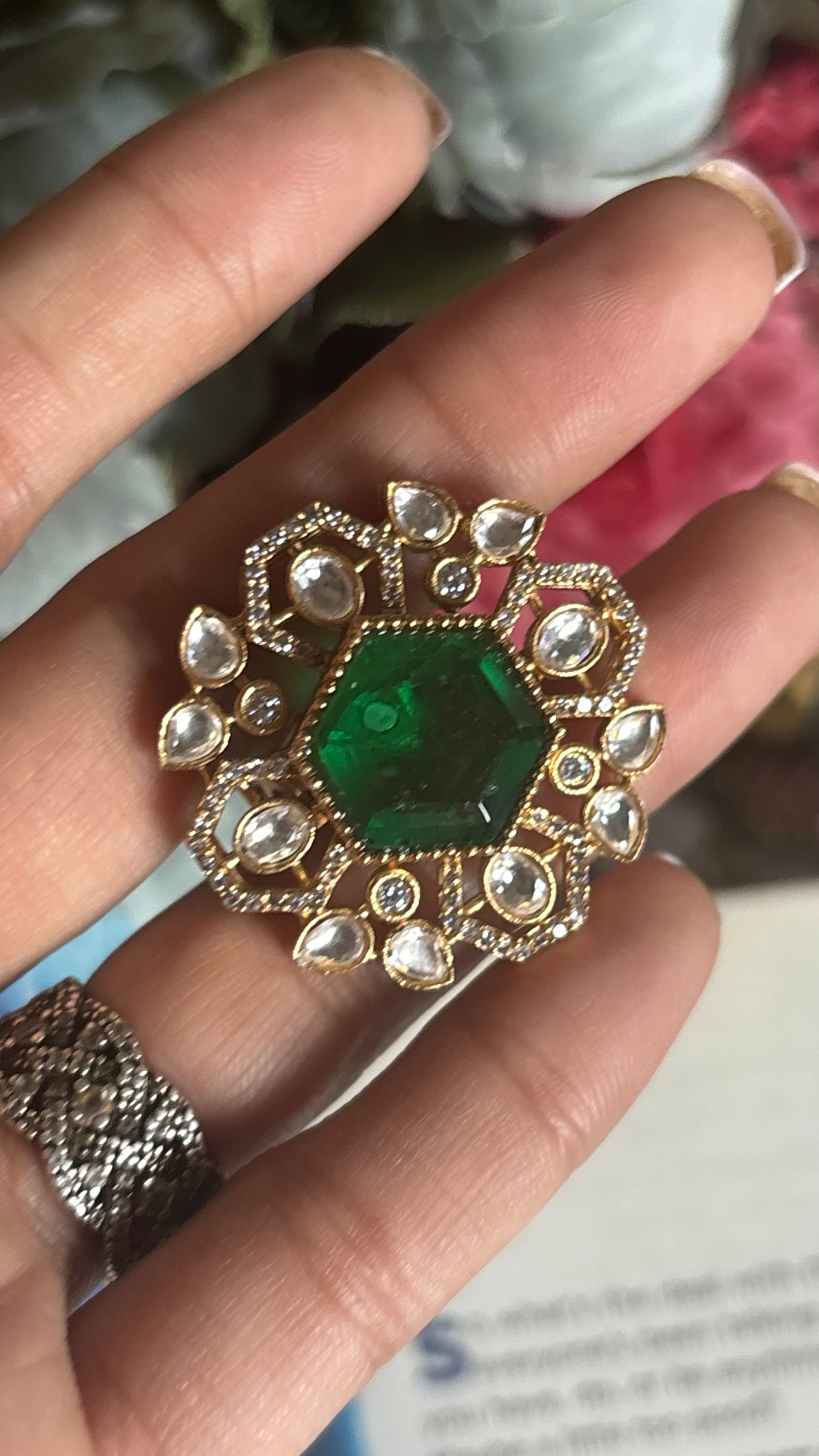 Hexagon emerald polki ring