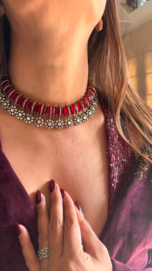 Ruby floral moissanite and doublet diamond collar necklace