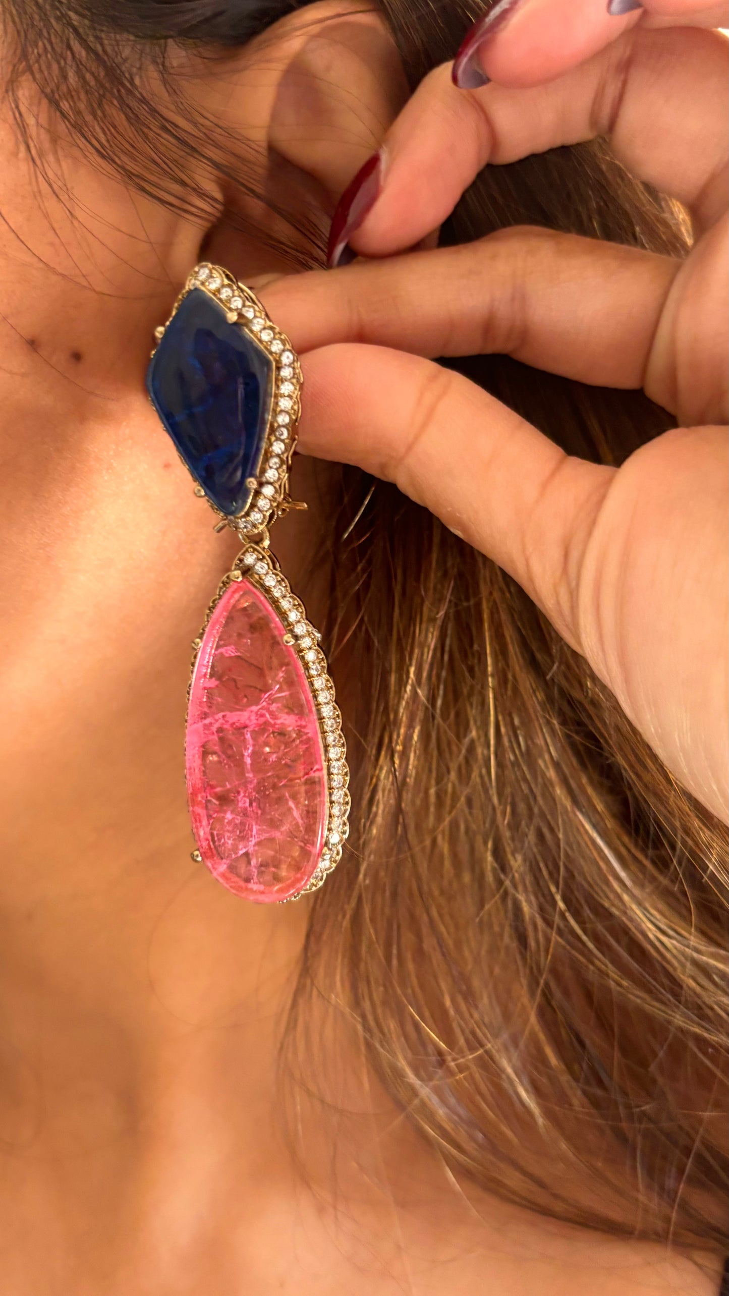 Sapphire rose quartz doublet designer danglers