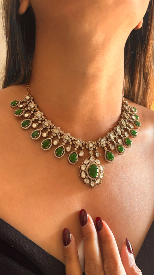 Emerald moissanite polki victorian designer collar necklace set