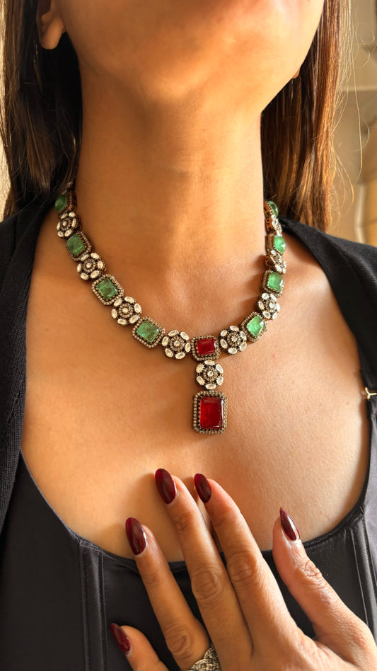 Mint & ruby moissanite floral necklace