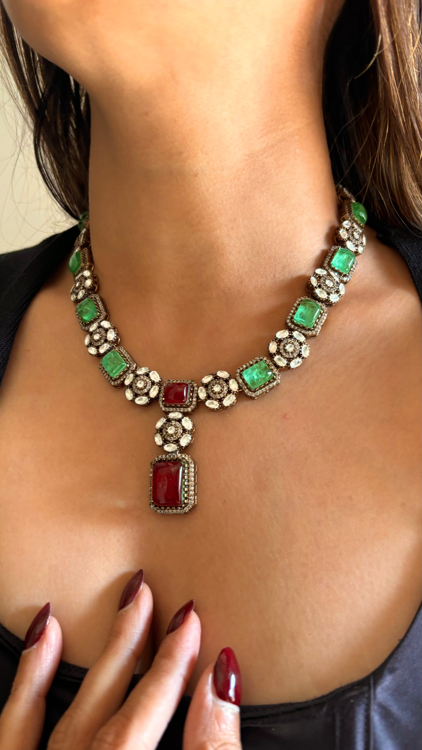 Mint & ruby moissanite floral necklace