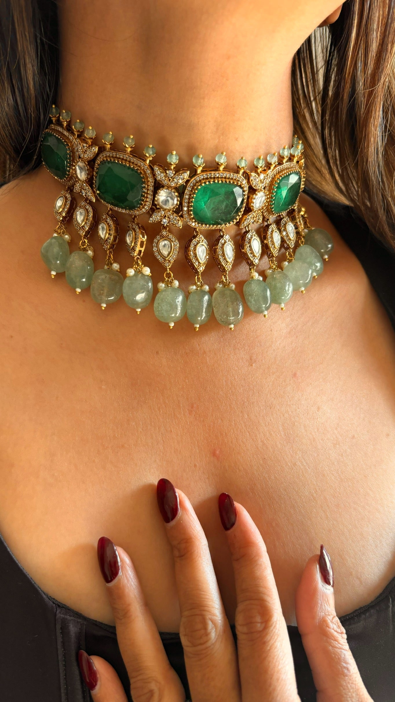 Emerald & mint victorian Moissanite choker