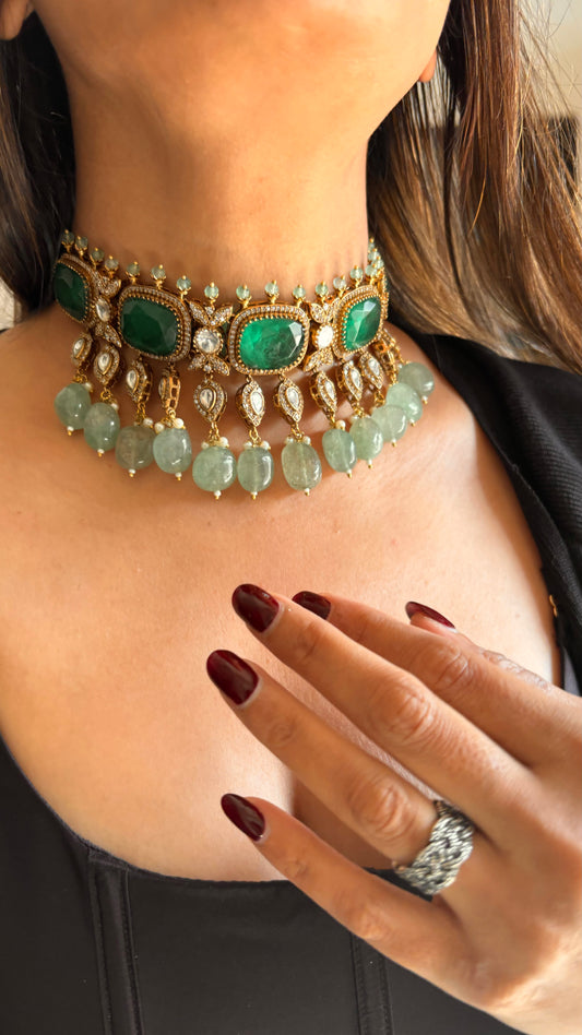 Emerald & mint victorian Moissanite choker
